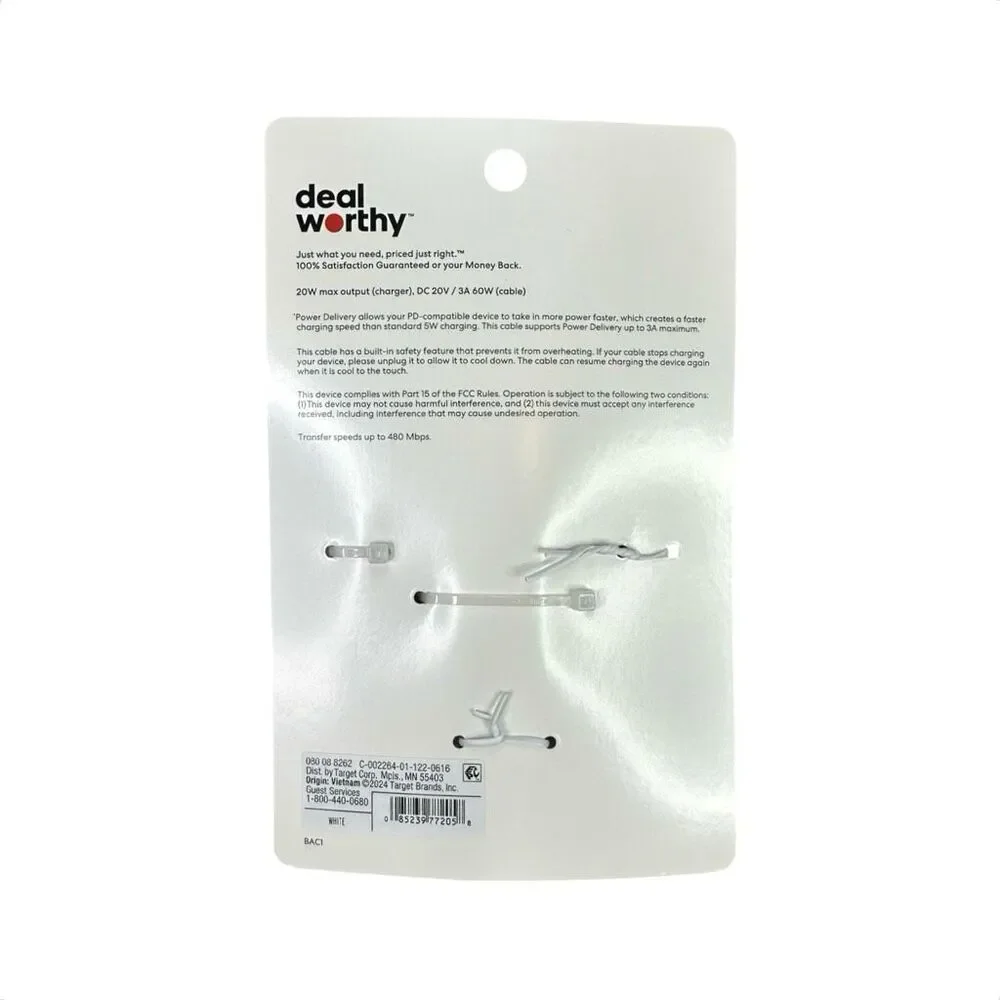dealworthy Single Port 20W USB-C Home Charger 3’ USB-C to USB-C Cable - White